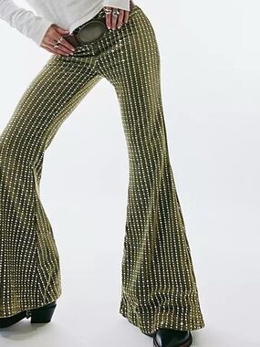 Olive Green embroidered Velvet Flare Pants